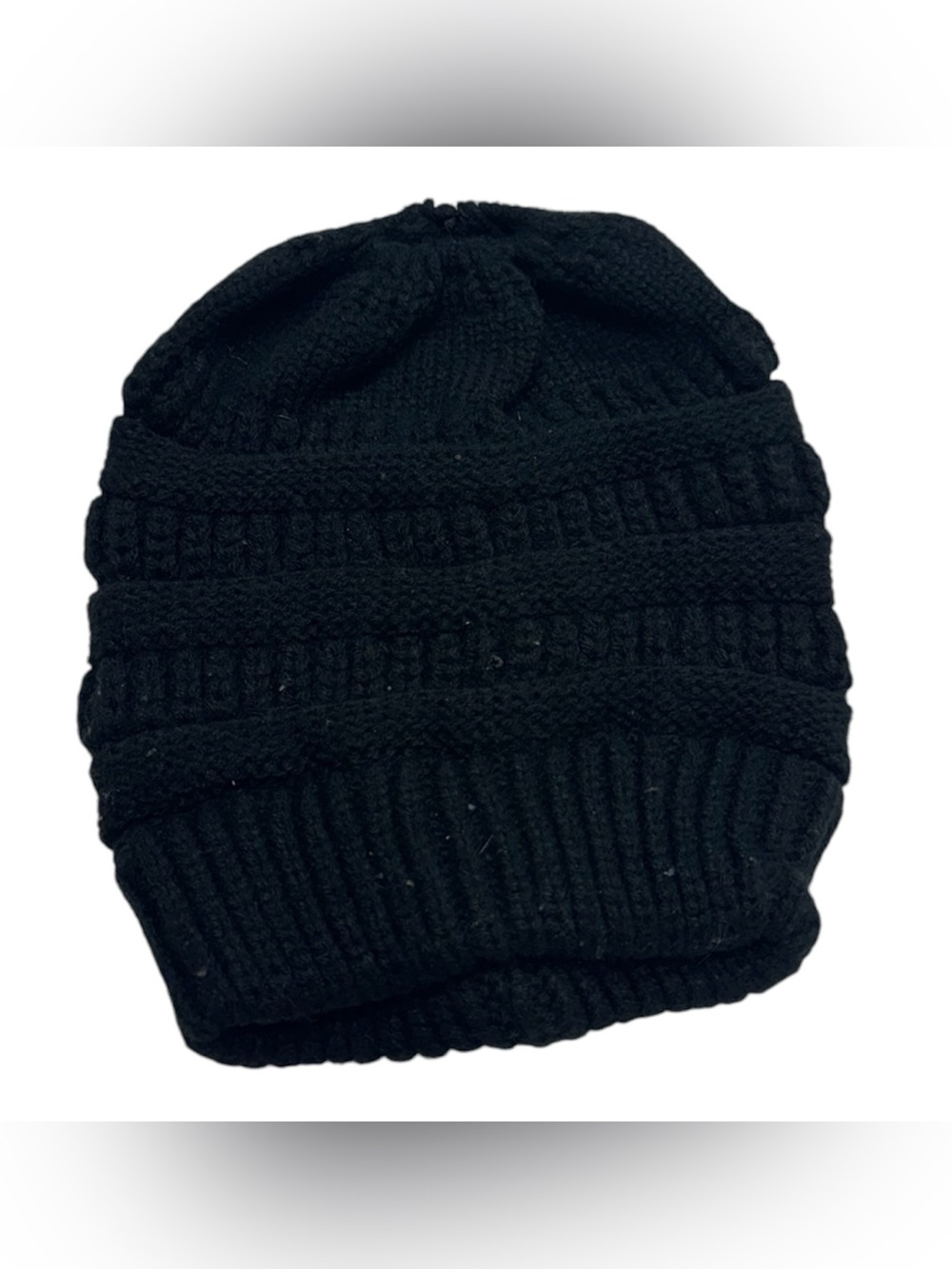 Black unbranded 100% acrylic hat with hole in the top to wear a pony tail with!